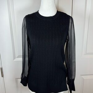 Talbots Petite Black Textured Knit Sweater Sheer Sleeves OfficeCore